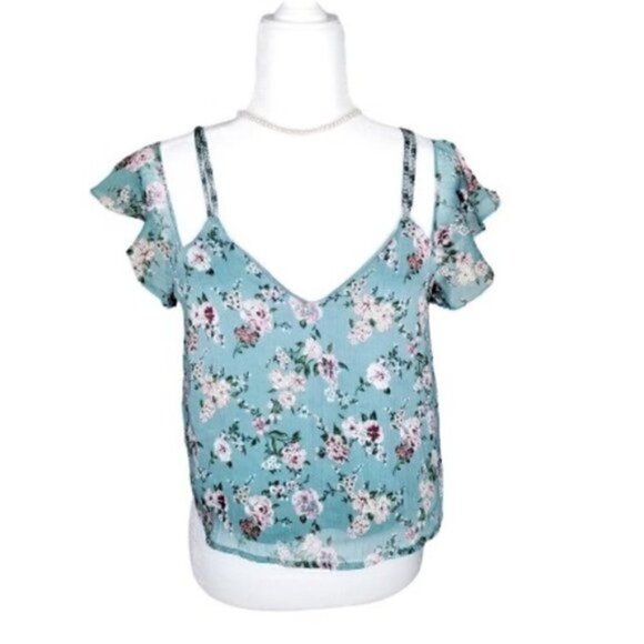 Xhilaration Green Floral Cold Shoulder Ruffle - Picture 1 of 6
